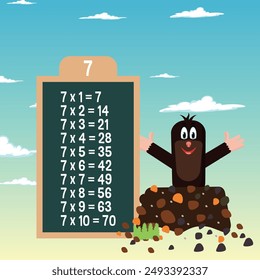 Multiplication table for number 7 with a mole. Colorful cartoon mole.