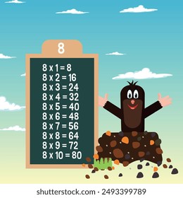 Multiplication table for number 8 with a mole. Colorful cartoon mole.