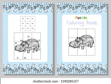 Multiplication table. Puzzle coloring book hippo. Childish style. Educational games. Mathematical game.Vector stock cute illustration.Blue background with bear and hearts.Wild behemoth animal. 