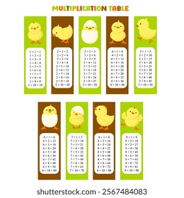 Multiplication table set. Collection of printable bookmarks or stickers with cute cartoon chickens. Vector illustration EPS8