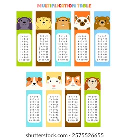 Multiplication table set. Collection of printable bookmarks or stickers with cute cartoon animals - bear, possum, beaver, gopher, cat, lemur, leopard, dog. Vector illustration EPS8