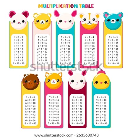 Multiplication table set. Collection of printable bookmarks or stickers with cute cartoon animals. Vector illustration EPS8