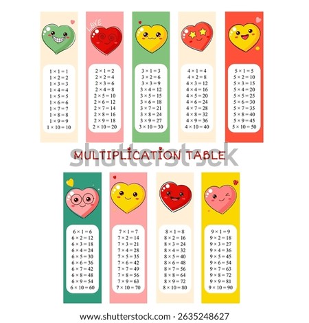 Multiplication table set with funny hearts with emoji faces. Collection of printable bookmarks or stickers with cute heart-shaped emoticons with different mood. Vector illustration EPS8