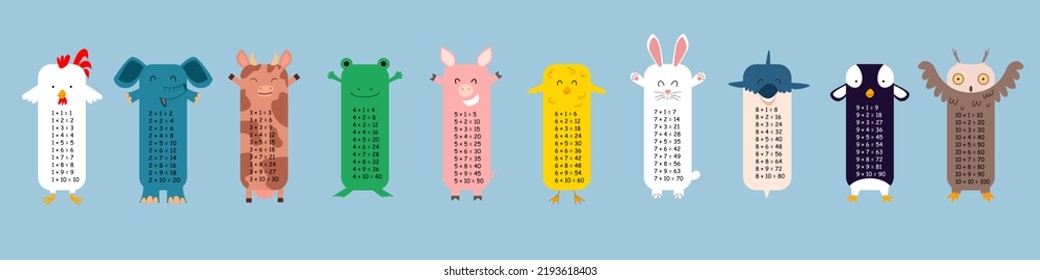 Multiplication table with square animals. Printed bookmarks or stickers with cute kawaii animals.