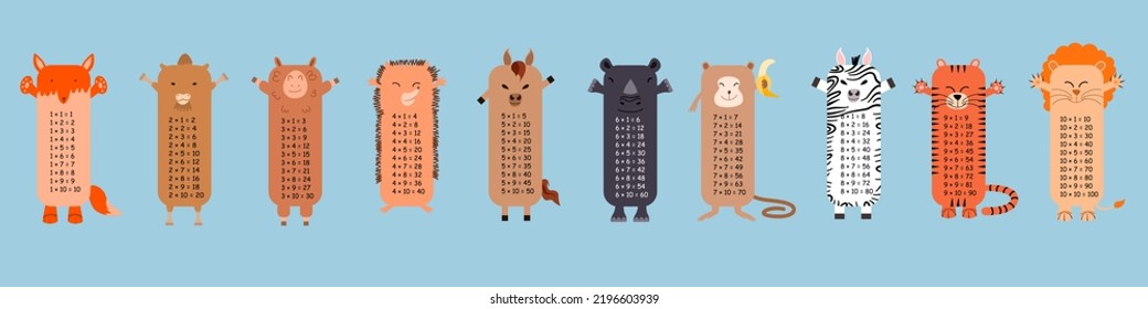 Multiplication table with square animals. Printed bookmarks or stickers with cute kawaii animals.