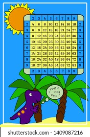 Multiplication table. Square poster with dino for printing educational material of children at school and at home. Violet Tyrannosaurus studies mathematics. The landscape of the island of dinosaurs