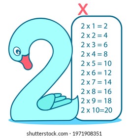 Multiplication table with Swan, number 2.Two times table chart. Educational material. Hand drawn sketch. Vector illustration.