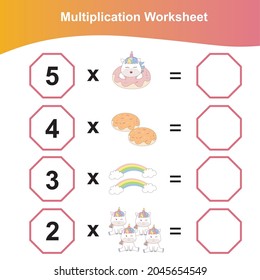 Multiplication Worksheet for children. Preschool math worksheet. Printable math worksheet. Preschool Education. Vector illustration.
