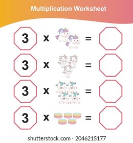 Multiplication Worksheet for children. Preschool math worksheet. Printable math worksheet. Preschool Education. Vector illustration.