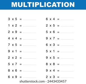 Multiplikationsarbeitsblatt für Kinder, Zahlenaktivität, Lernpapier für Kinder