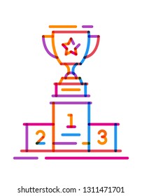 Multiply icon line trophy cup on the podium. Vector illustration on white background