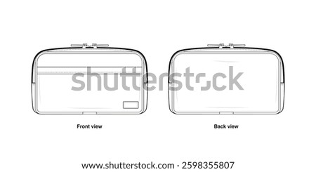 Multi-Pocket Organizer Bag Technical Fashion Illustration. Rectangular Travel Pouch Vector Template. Front and Back View. Functional Storage Bag. CAD Mockup Set.