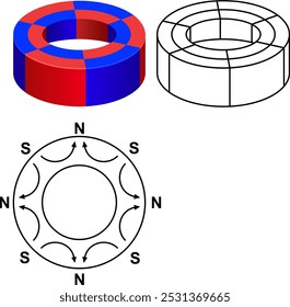 Un multi-polar magnetizado a través de O.D. (diámetro exterior). Un imán permanente en forma de anillo donde múltiples polos magnéticos (norte y sur) están dispuestos alrededor del diámetro exterior.