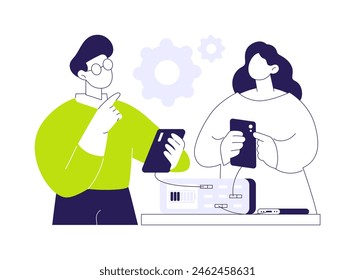 Multiport wall charger abstract concept vector illustration. Man using multiport wall charger for his gadgets, modern mobile technology, wired connection, accessories innovation abstract metaphor.