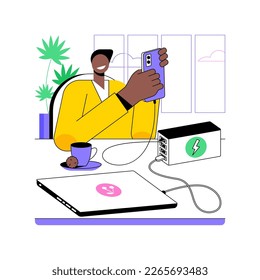 Multiport wall charger isolated cartoon vector illustrations. Man using multiport wall charger for his gadgets, modern mobile technology, wired connection, accessories innovation vector cartoon.
