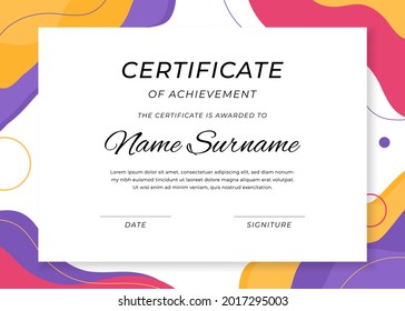 Multipurpose сertificate of achievement template with wavy multicolored background. Clean modern horizontal certificate for rewarding. Vector geometric diploma for print and digital