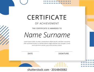 Multipurpose сertificate of achievement template with yellow and blue design elements. Clean modern horizontal certificate for rewarding. Vector geometric diploma for print and digital