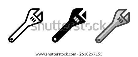 Multipurpose adjustable wrench vector icon in outline, glyph, filled outline style. Three icon style variants in one pack.