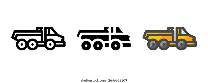 Multipurpose articulated hauler vector icon in outline, glyph, filled outline style. Three icon style variants in one pack.