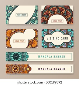 Multipurpose banner and card template with ethnic abstract drawings. Book tag design with Mandala floral decorative.