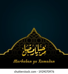 Multipurpose banner design for use during Ramadhan with mosque, calligraphy suitable for flyer, poster, cover, web, social media post or stories. Marhaban ya Ramadhan (English: Welcome Ramadan)