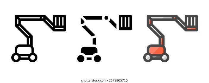 Multipurpose boom lift vector icon in outline, glyph, filled outline style. Three icon style variants in one pack.