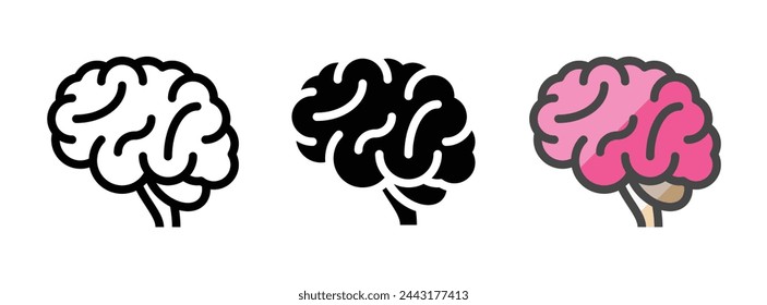 Icono de vector cerebral multipropósito en contorno, glifo, estilo de contorno relleno. Tres variantes de estilo de icono en un paquete.