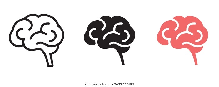 Ícone de vetor cerebral multiuso em estilo de contorno de contorno de contorno, glifo e preenchido. Três variantes de estilo de ícone
