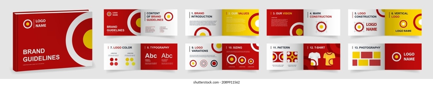Multi-purpose Brand Guidelines template. Brand Manual presentation mockup. Red Logo Guideline template. Logo Guide Book layout