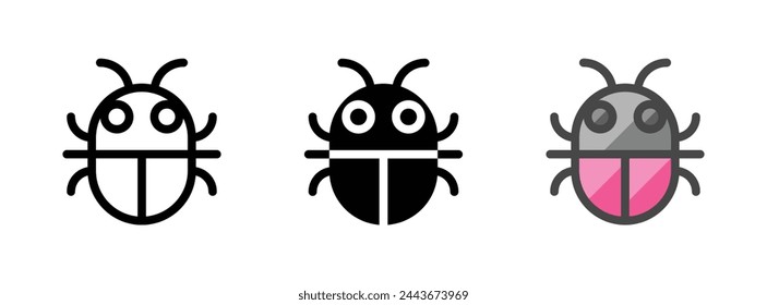 Multipurpose bug vector icon in outline, glyph, filled outline style. Three icon style variants in one pack.