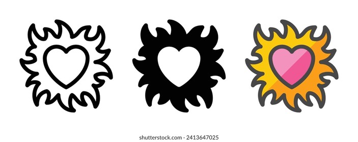Icono de vector cardiaco de quema multipropósito en contorno, glifo, estilo de contorno relleno. Tres variantes de estilo de icono en un paquete.