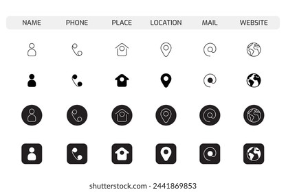 Multipurpose Business Card Icon Set, Editable Stroke. Name, Phone, Place, Location, Mail, Website.
