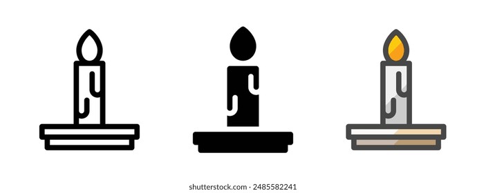 Multipurpose candle vector icon in outline, glyph, and filled outline style on white background.