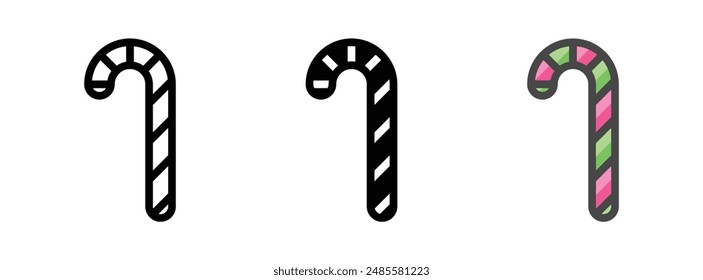 Multipurpose candy cane vector icon in outline, glyph, filled outline style. Three icon style variants in one pack.