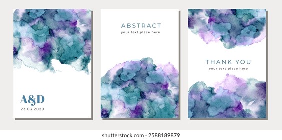 multipurpose card set with green purple abstract watercolor backgroun