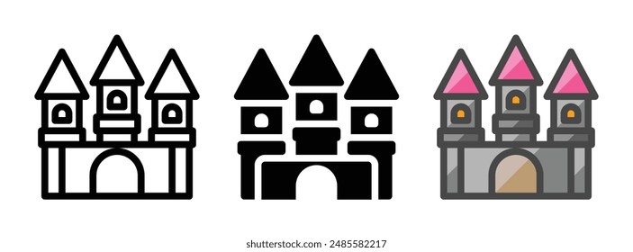 Multipurpose castle vector icon in outline, glyph, and filled outline style on white background.