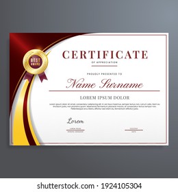 Multipurpose certificate of appreciation template with red and gold color, modern luxury border certificate design with gold badge.