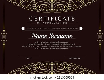 Multipurpose certificate of appreciation template with red and gold color, modern luxury border certificate design with gold badge.