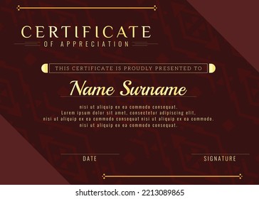 Multipurpose certificate of appreciation template with red and gold color, modern luxury border certificate design with gold badge.