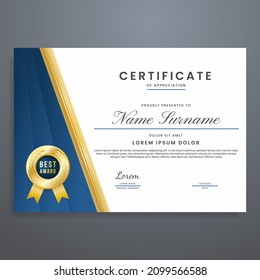 multipurpose certificate template with blue and gold colors, luxury and modern frame border certificate vector