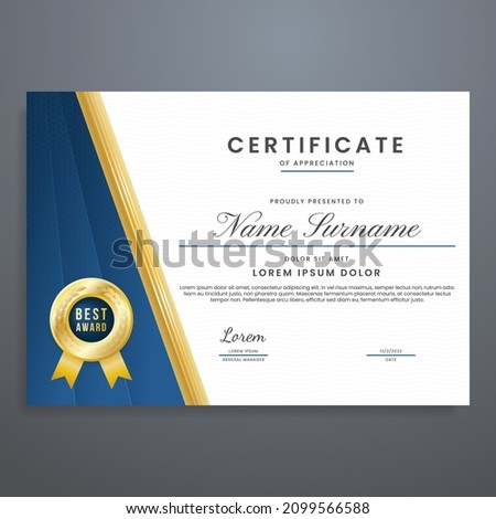 multipurpose certificate template with blue and gold colors, luxury and modern frame border certificate vector