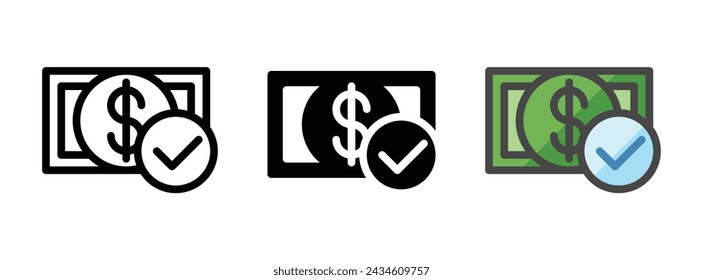 Multipurpose checklist money vector icon in outline, glyph, filled outline style. Three icon style variants in one pack.