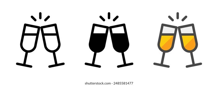 Multipurpose cheers vector icon in outline, glyph, and filled outline style on white background.