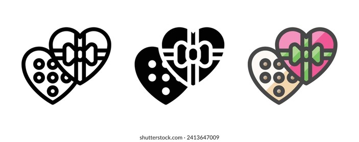 Multipurpose chocolate box vector icon in outline, glyph, filled outline style. Three icon style variants in one pack.