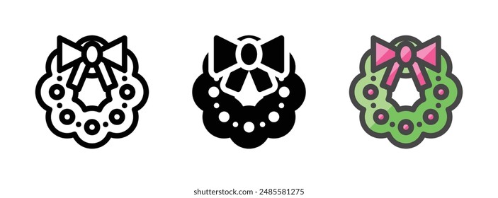 Multipurpose Christmas wreath vector icon in outline, glyph, filled outline style. Three icon style variants in one pack.