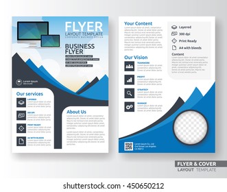 Multipurpose corporate business flyer layout design. Suitable for flyer, brochure, book cover and annual report. Blue and white color in A4 size template background with bleeds. Vector illustration