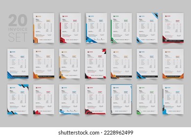Multipurpose corporate businesses invoice template with a4 size. creative 20 corporate modern invoice design template set with blue, green, red, and yellow colors.