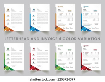 Multipurpose corporate businesses letterhead and invoice template with a4 size. creative corporate modern letterhead and invoice design template set with blue, green, red, and yellow colors.	