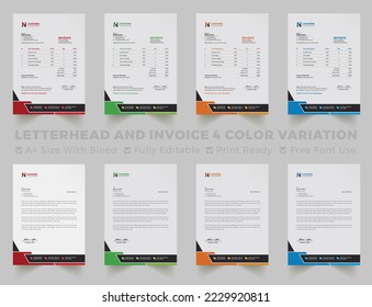 Multipurpose corporate businesses letterhead and invoice template with a4 size. creative corporate modern letterhead and invoice design template set with blue, green, red, and yellow colors.