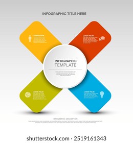 Plantilla multiusos de la infografía de la cruz con el centro grande y cuatro Elementos en rayas cruzadas del color todo en el fondo blanco con la sombra ligera